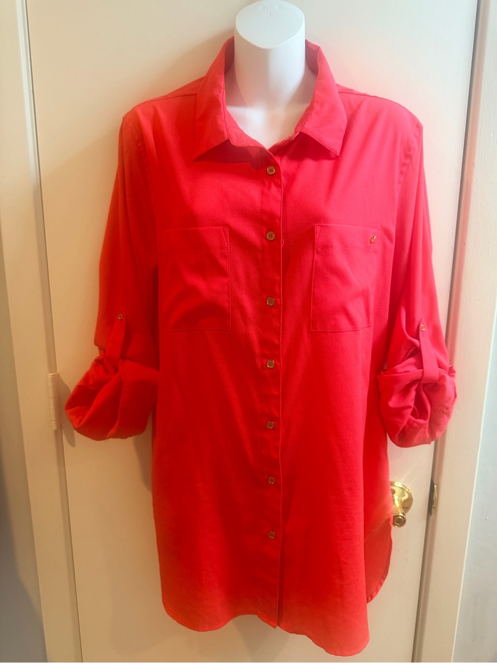 Calvin Klein Bright Coral Button-Down Tunic Shirt